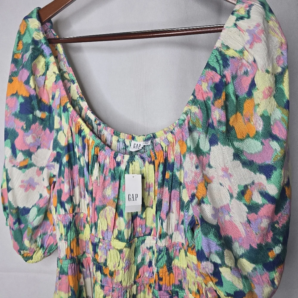 Gap Smocked Waist Dress Puff Sleeve Floral Multicolor Above Knee 2XL - Picture 3 of 10